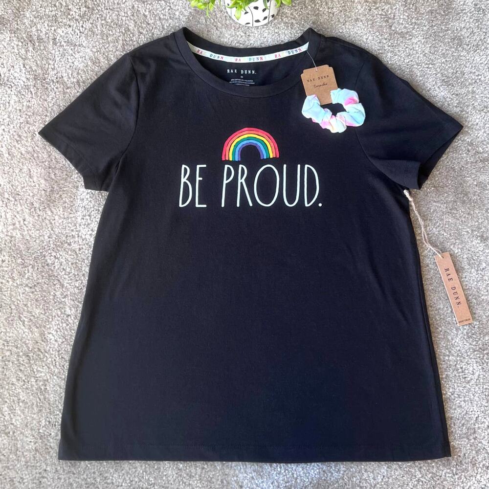 NWT Rae Dunn Black "Be Proud" Rainbow Pride Short Sleeve Top Size: Medium
